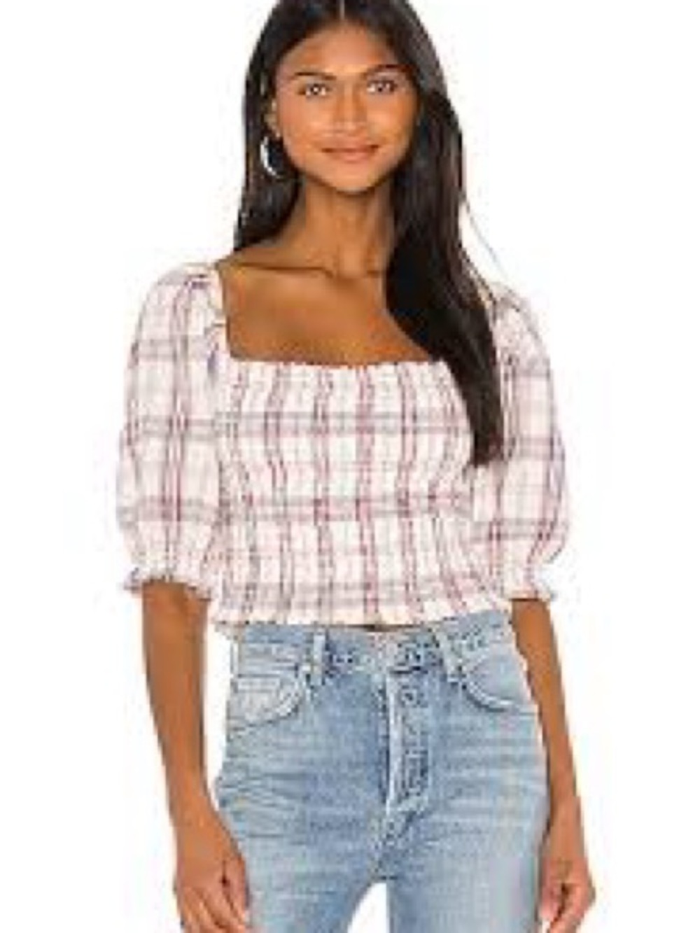 Tularosa White Top with Pink Plaid Smocked Square Neck